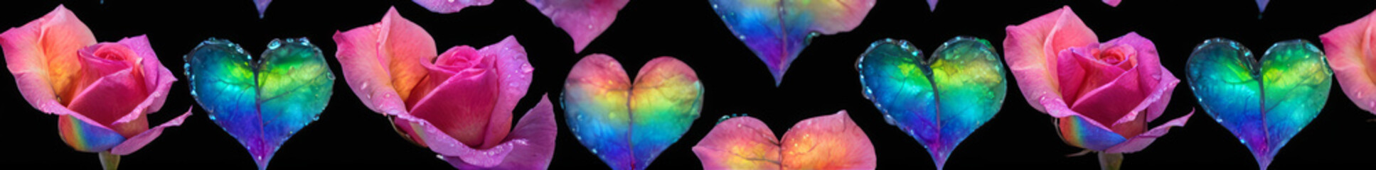 Beautiful iridescent soft rainbow rose, hearts, dark background, moody, atmospheric, impossible rose, colour of pride rose, LGBT+, rainbow, Valentine’s Day, valentine, website header, leaderboard