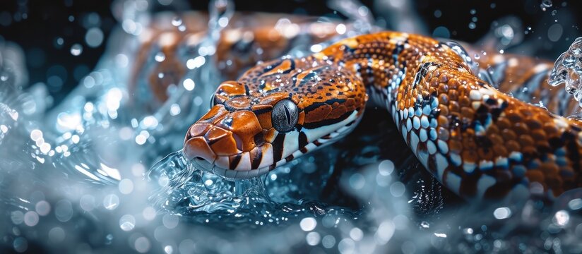 Dice rolls with water splashing around a majestic Natrix tessellata snake.