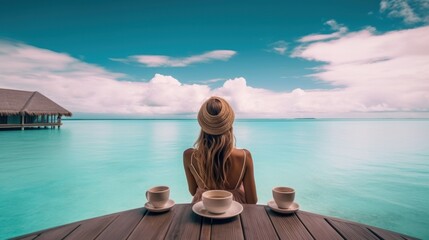 Luxury lifestyle elegant bikini woman drinking coffee cup by infinity swimming pool at overwater bungalow overlooking turquoise pristine ocean - obrazy, fototapety, plakaty