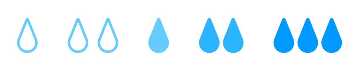 Water drops icons. Humidity level concept. Blue droplets isolated on white background. Potable aqua, moisture, purification, thirsty, rainy weather pictograms. Vector flat illustration