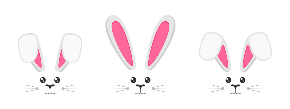 Set of cute bunny muzzles with ears, eyes, nose, mouth and whisker. Decoration elements for Easter party, photo shoots, greeting or invitation cards, celebration banners. Vector flat illustration
