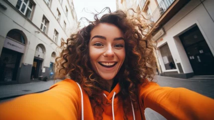 Fototapeten Portrait of a young woman taking a selfie in the city wearing an orange shirt - Wellbeing, healthy lifestyle and happy people concept  © Nicat