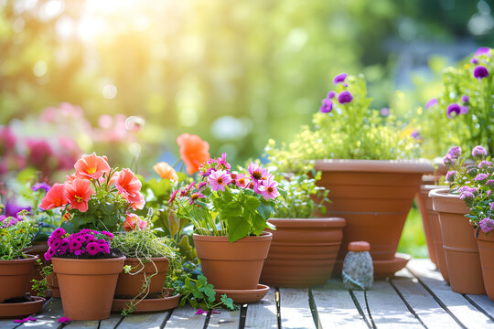 A sunny garden display featuring gardening supplies such as flowers, pots, soil, and plants.