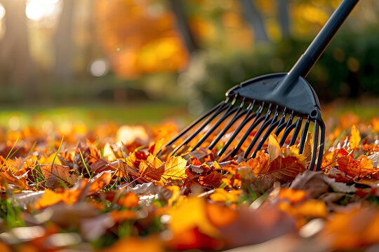 Engaging in autumn garden work by raking leaves with a rake, embodying the concept of cleaning and volunteering.