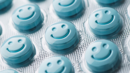 Blue pills with smiley face. - obrazy, fototapety, plakaty