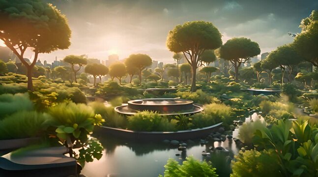 Futuristic garden with sculpted trees and a central fountain in a city park blending nature with digital technology