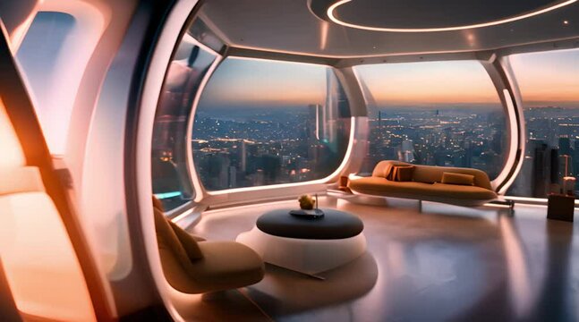 Futuristic habitation pod overlooking a cityscape with transparent OLED screens displaying real-time data