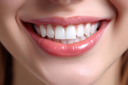 A young woman's perfect healthy teeth smile, symbolizing oral care, dentistry, and stomatology. This image conveys teeth whitening and a dental clinic patient's experience.