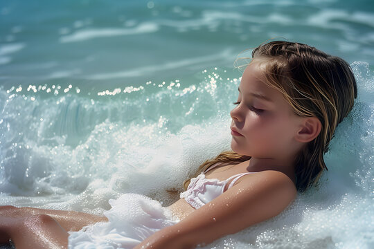 Cute little girl lying on the beach With the sea waves as a blanket. a little girl in a bathtub with water. a little girl laying in the ocean.