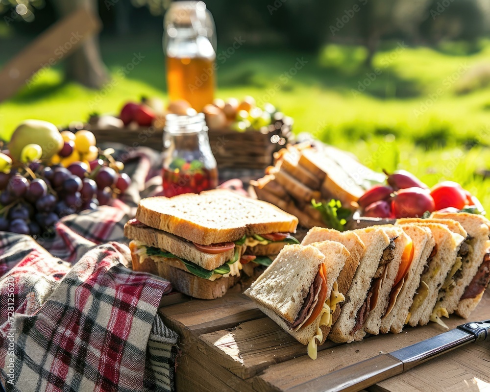 Poster a picnic table with sandwiches and fruit on it. generative ai.