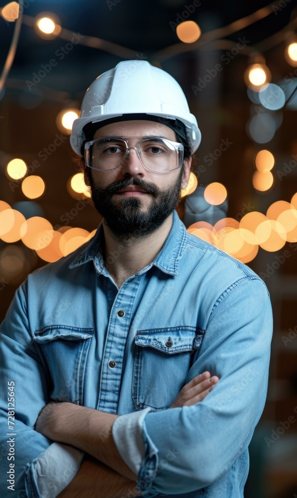 Poster portrait of a young man in a hard hat and glasses standing in front of a lighted. generative ai.