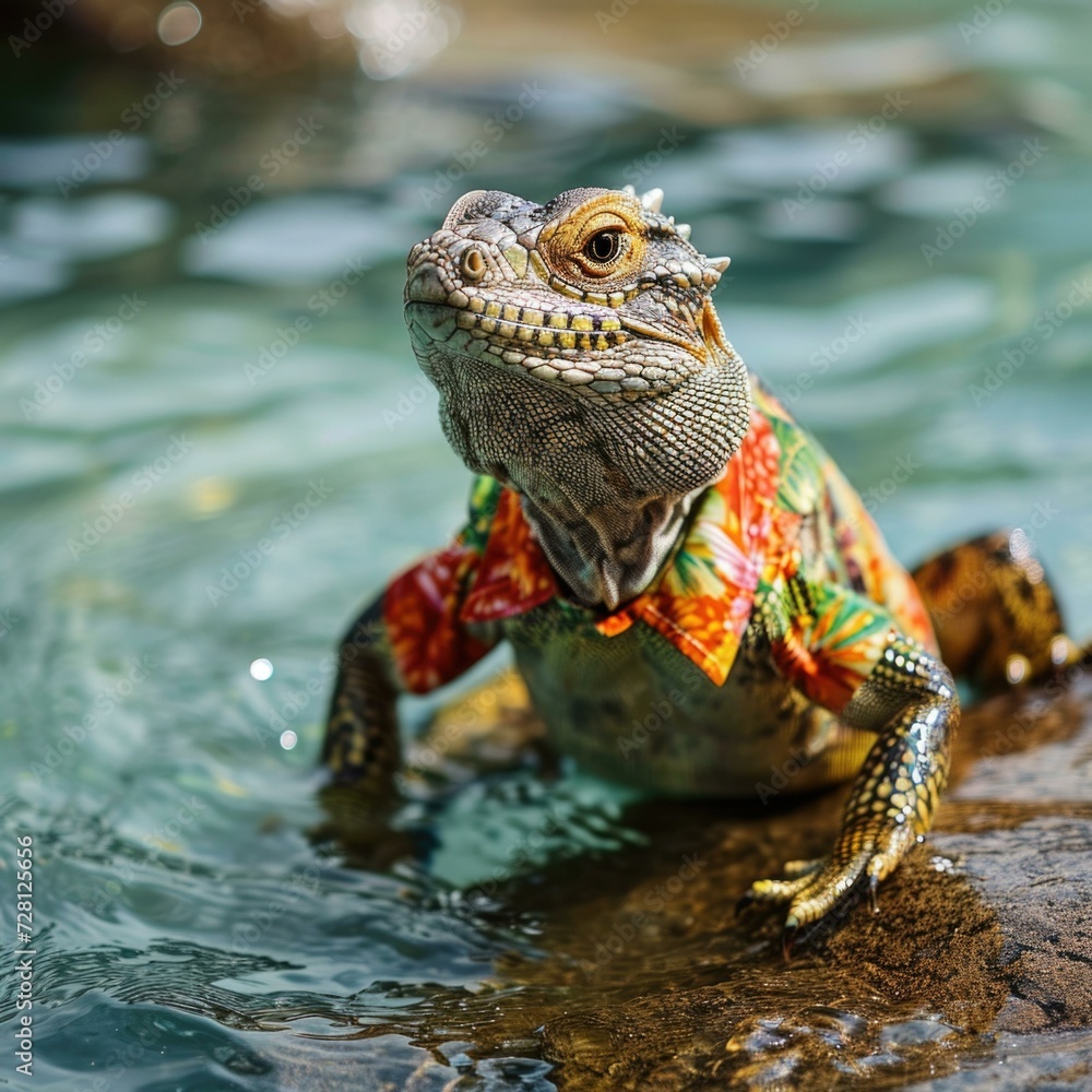 Canvas Prints A lizard wearing a colorful shirt in the water. Generative AI.