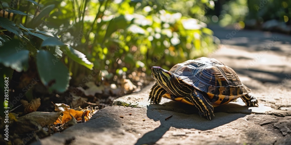 Poster a turtle walking on a path in the sun. generative ai.