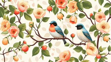Floral summer vector seamless pattern - birds and aple tre, generative ai - obrazy, fototapety, plakaty