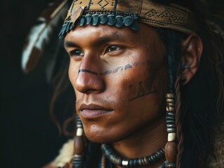 Obraz premium Portrait of a native american man with tribal headdress and tribal tattoos. Generative AI.