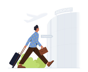 Man near airport concept. Young guy with luggage and baggage wait for flight. Travel and tourism. Vacation and holiday. Cartoon flat vector illustration isolated on white background