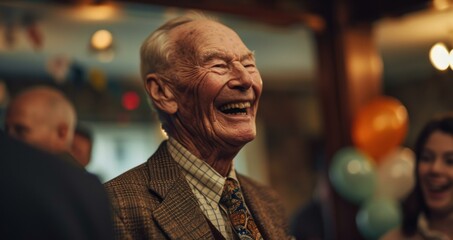 Fototapeta premium An older man is laughing at a party. Generative AI.