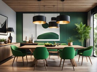 Captivating Modern Dining Room: Wooden Table and Vibrant Green Chairs