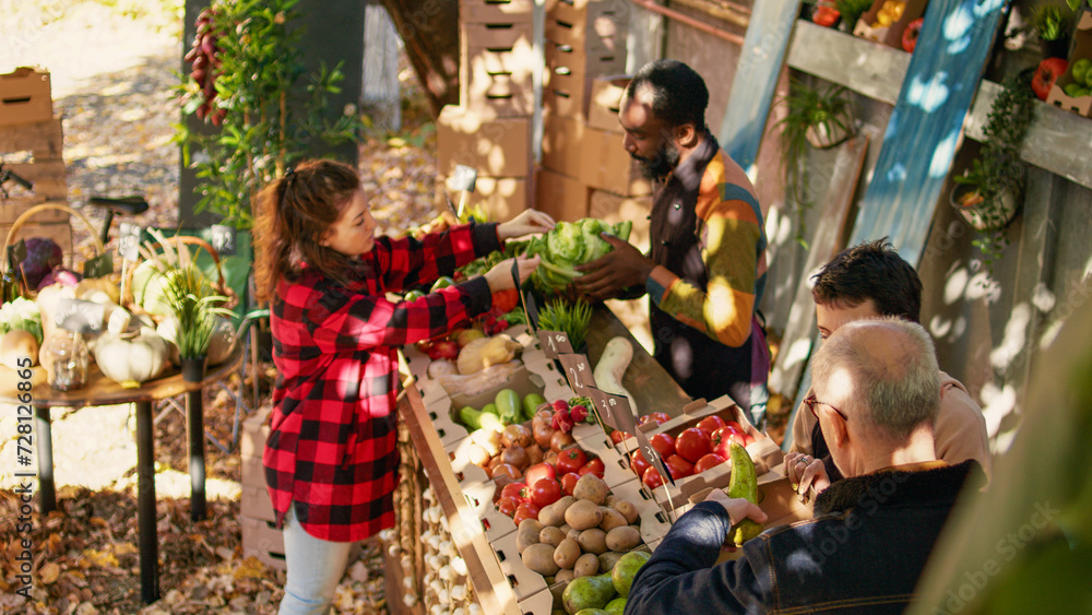 Wall mural Male local vendor serving woman with various eco products and selling homegrown farm veggies at food market. Female client buying fresh organic fruits and vegetables, healthy nutrition.