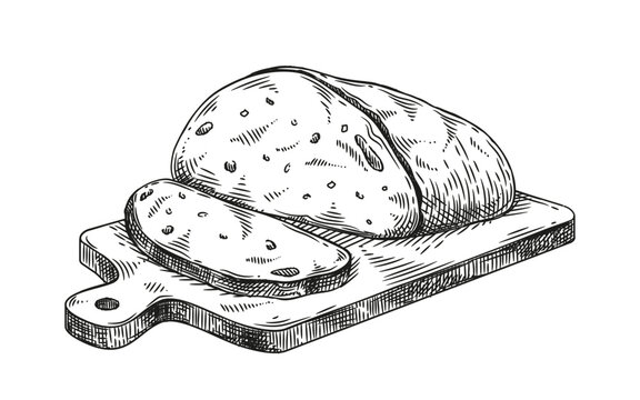 recommend clip art: Bakery product sketch. Homemade pastry. Loaf and bun at cutting board. Template and layout. Assortment for bakery and street cafe. Doodle flat vector illustration isolated on white background