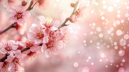 Plum branch covered with flowers. Spring season. Web banner, generative ai