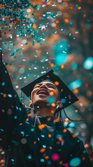 a young black student celebrates as confetti falls in graduation - obrazy, fototapety, plakaty