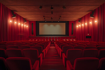 cinema theater with red seats and red curtains