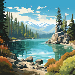 Lake Tahoe Alpine Lake with Blue Sky and Mountains and Pines Postcard and Poster Illustration Style