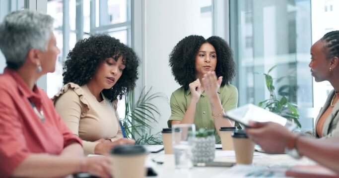 Meeting, management and collaboration with business women in boardroom of office for strategy or discussion. Planning, feedback and agenda with employee team at work for partnership or brainstorming