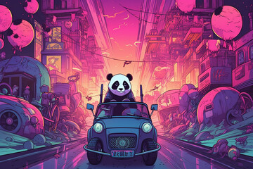 Synthwave Panda: Retro-Futuristic Artwork Featuring a Panda - Neon Nostalgia, Cybernetic Aesthetics, Vaporwave Culture, Digital Retro Vibes