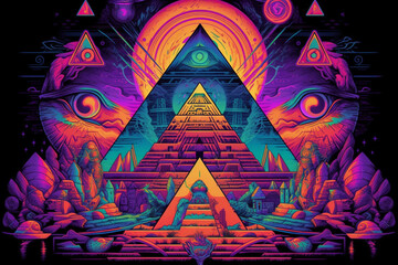 "Neon Pyramid: Synthwave Artwork Featuring a Futuristic Pyramid - Cybernetic Aesthetics, Vaporwave Culture, Digital Retro Vibes, Retro Wave Music, Cyberpunk Style, Retrofuturism