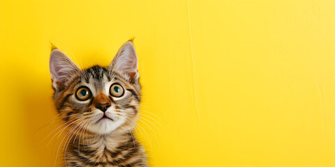 a white striped cat looking upwards on a yellow backdrop

