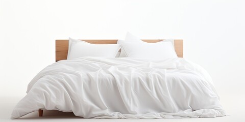 Isolated white background with bed and bedding.