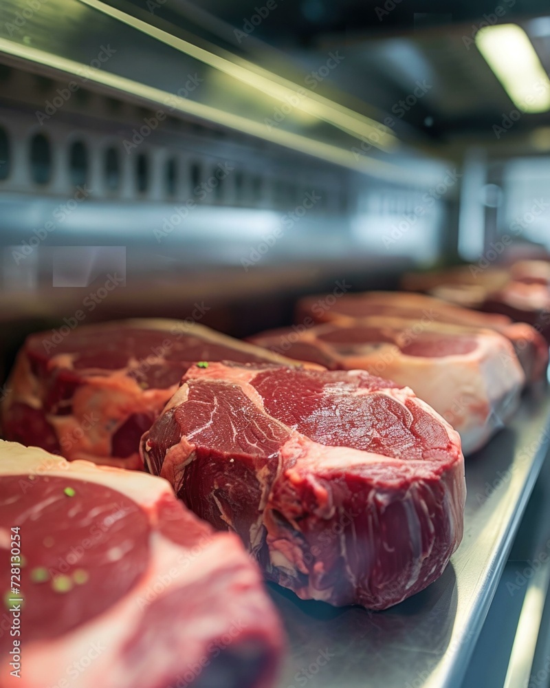 Poster steaks are on display in a refrigerated case. generative ai.