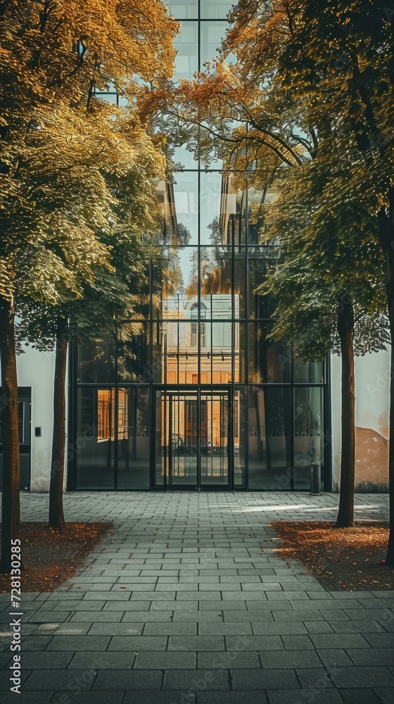 Poster a walkway with trees and a building in the background. generative ai.
