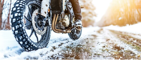 Winter motorcycle riding in the snow. Generative AI.