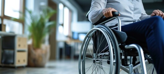 Obraz premium A person in a wheelchair is sitting in the office. Generative AI.