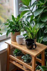A table with two cups of coffee and a plant on it. Generative AI.