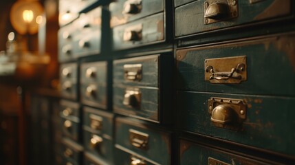 A row of old wooden drawers with brass knobs. Generative AI.