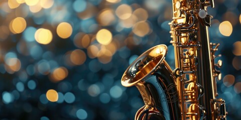Obraz premium A saxophone is sitting on a bokeh background. Generative AI.