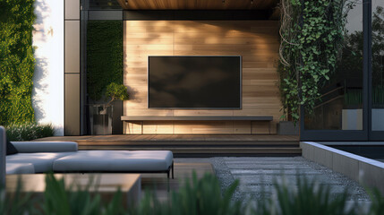 A black TV in an open space surrounded by lush greenery