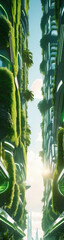 World earth day concept of a green futuristic city, eco city with plants and trees, futuristic sustainable city concept, sustainability, green planet, safe mother earth, website skyscraper