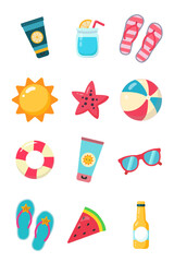 Summer beach set. Cartoon sea and ocean recreation attributes. Summer vacation set. View from above. Flat vector illustration.
