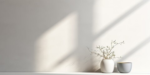 Minimal light gray background with shadows and window light on a plaster wall for presenting products.