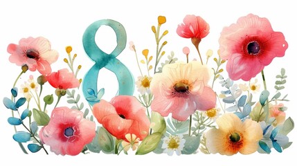 A watercolor illustration of a number 8 surrounded by flowers, AI