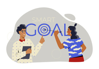 Business analysis concept. Man and woman with statistics and infographics. Guy and girl discuss project. Template and layout. Cartoon flat vector illustration isolated on white background