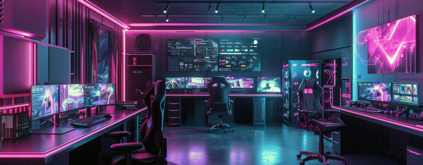 A futuristic gaming system in a room with bright neon lighting. a gaming chair and a table with a computer and a large monitor displaying a color game scene
