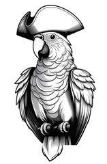 illustrated parrot in pirate hat, engraving black and white illustration on white background.