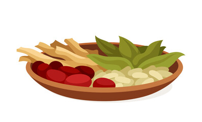 Chinese natural medicine concept. Asian health care and treatment. Bowls with herbs and plants. Graphic element for website. Cartoon flat vector illustration isolated on white background