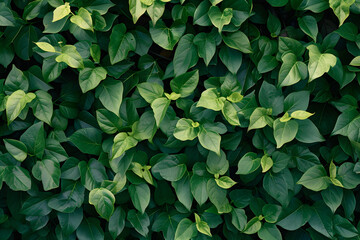 green wall of green leaves and plants - obrazy, fototapety, plakaty